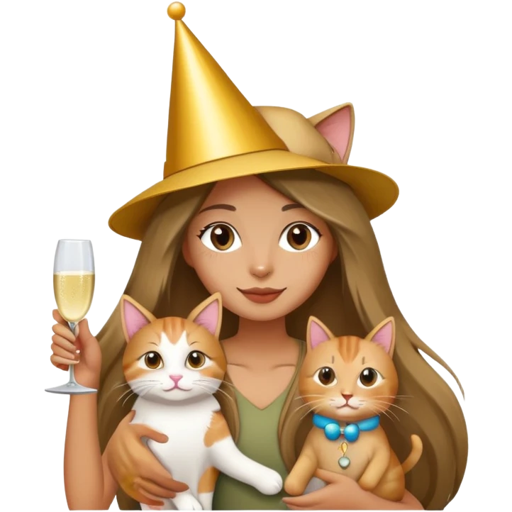 A long-haired girl wearing a birthday hat holding a cat and drinking champagne emoji