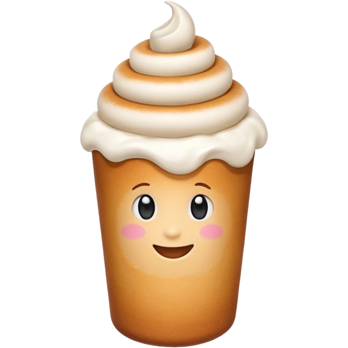 Cute emoji of a Hungarian chimney cake (kürtőskalács), cylindrical pastry, light brown baked dough with sugar coating, topped with white whipped cream, served in a small white paper cup emoji