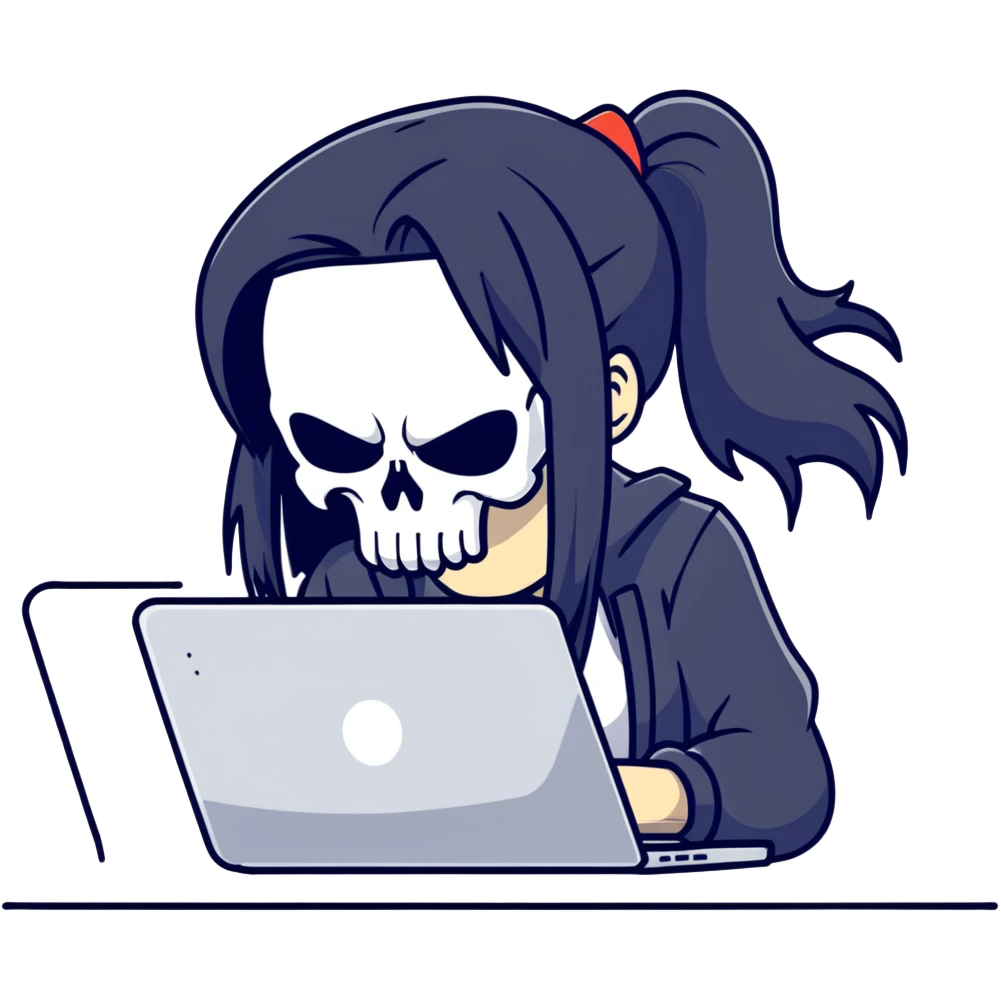 girl Punisher skull with straight long black hair typing on laptop emoji