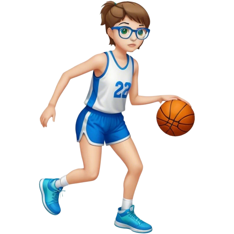 Full Body white Girl with basketball short short brown hair with blond highlights wearing blue glasses with green eyes emoji