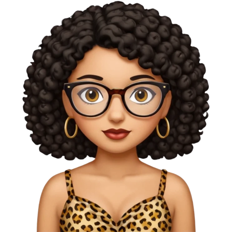 A women who wears glasses with a black curly hair, in a leopard print dress sweetheart neckline  emoji