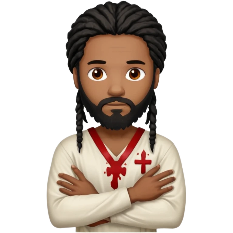 African American man with shoulder length black dreadlocks with black beard wearing a white tunic with blood on it with arms folded together emoji