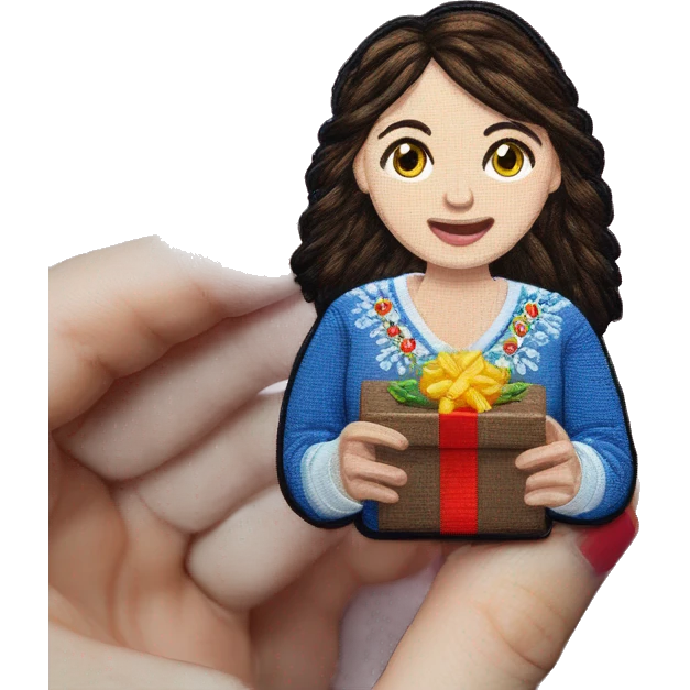 A female teacher in Ukrainian embroidery holds a gift in her hand emoji