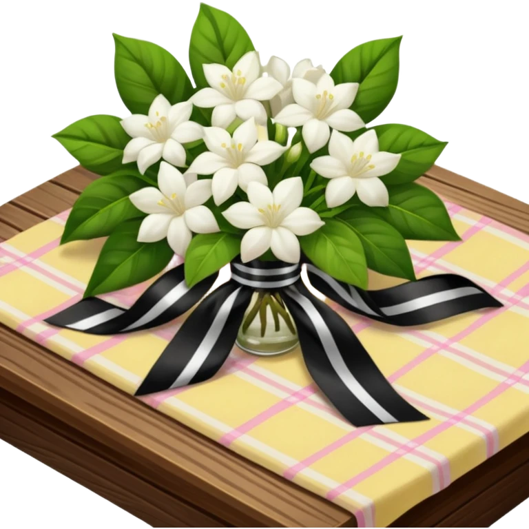 A lush bouquet of white color Jasmin black satin ribbon, resting on an antique wooden table, with a pale yellow and pink plaid pattern table cloth emoji