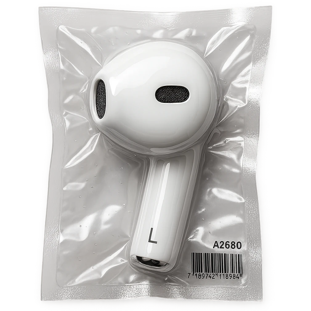 close-up on white EarPods earbud, shiny and inflated emoji