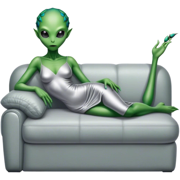 a reptilian green alien woman, in silver dress, lie on couch comfy, full figure emoji
