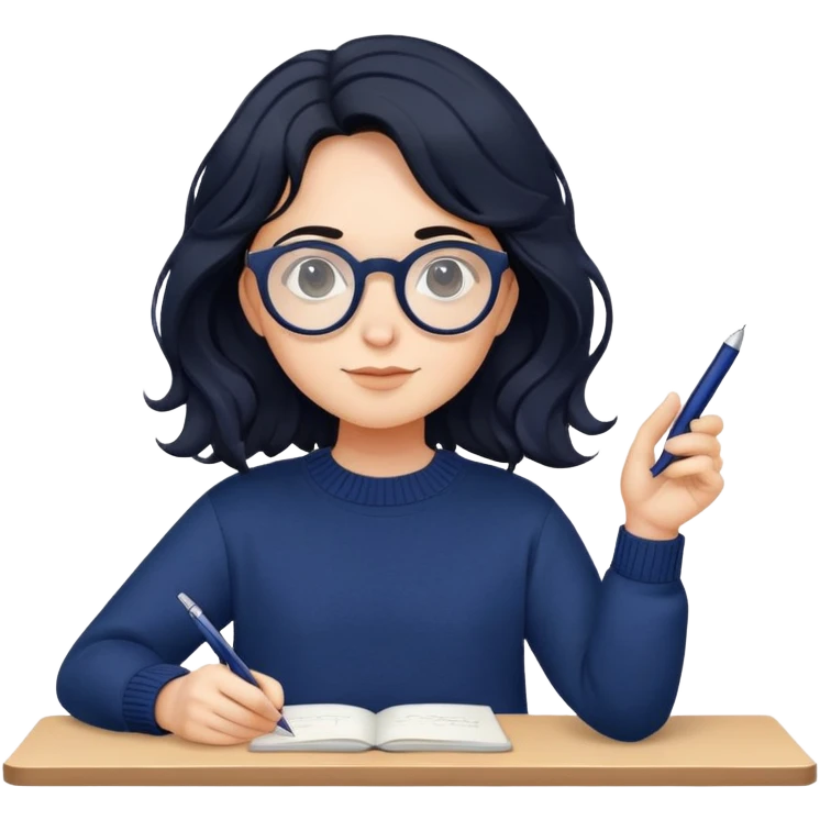 Designer with wavy black hair, round glasses, navy blue sweater, holding a design pen emoji