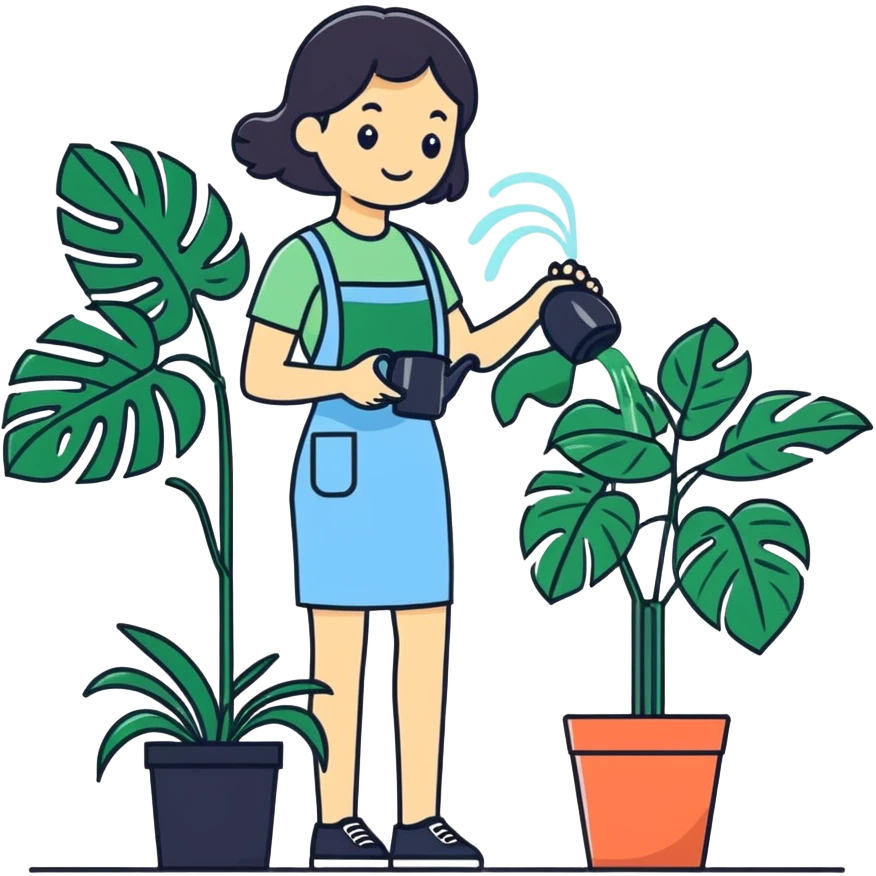 woman watering her monstera plant emoji