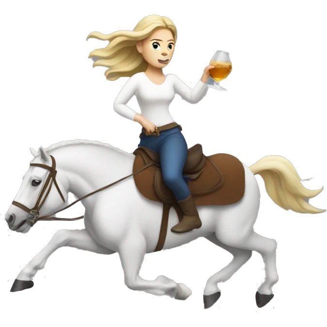 White woman running on horse holding liquor emoji