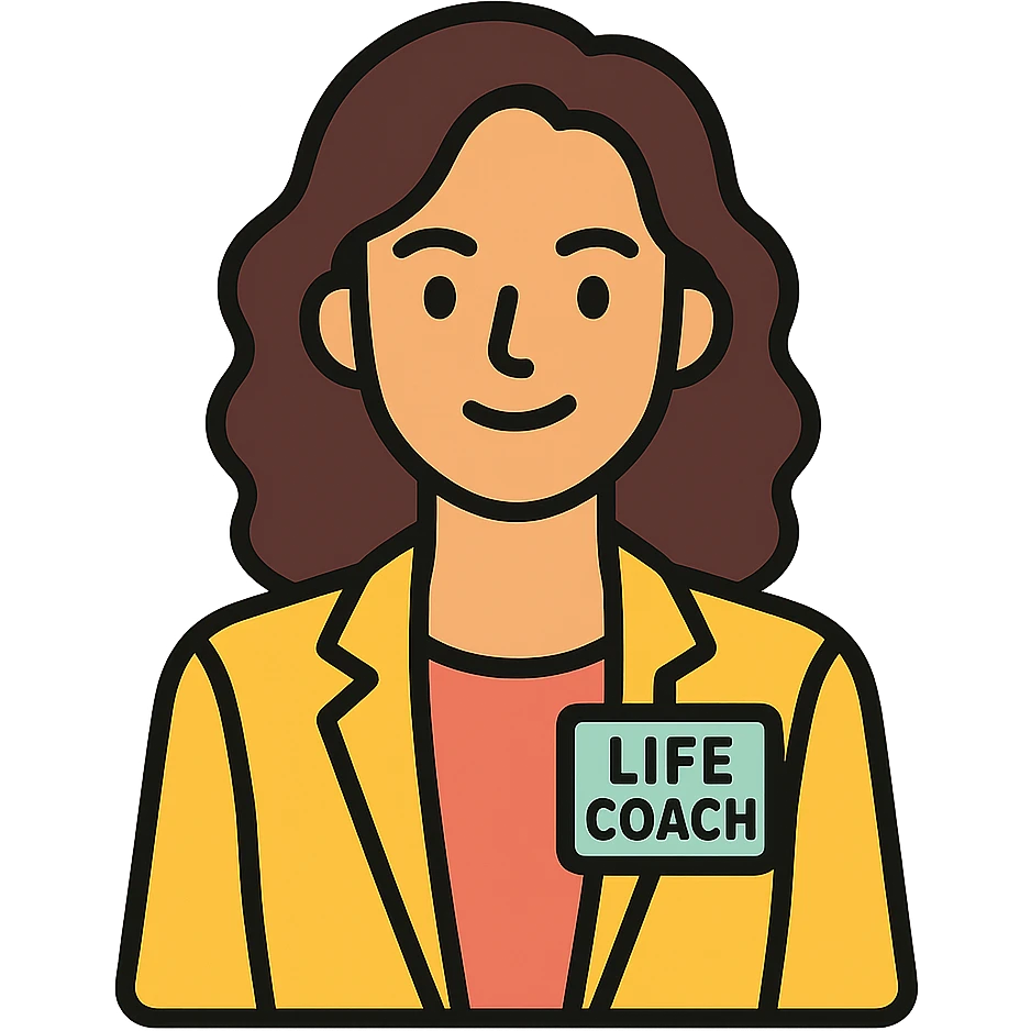 portrait of a calm, confident life coach woman with natural wavy hair, soft but energized expression, approachable professional style emoji