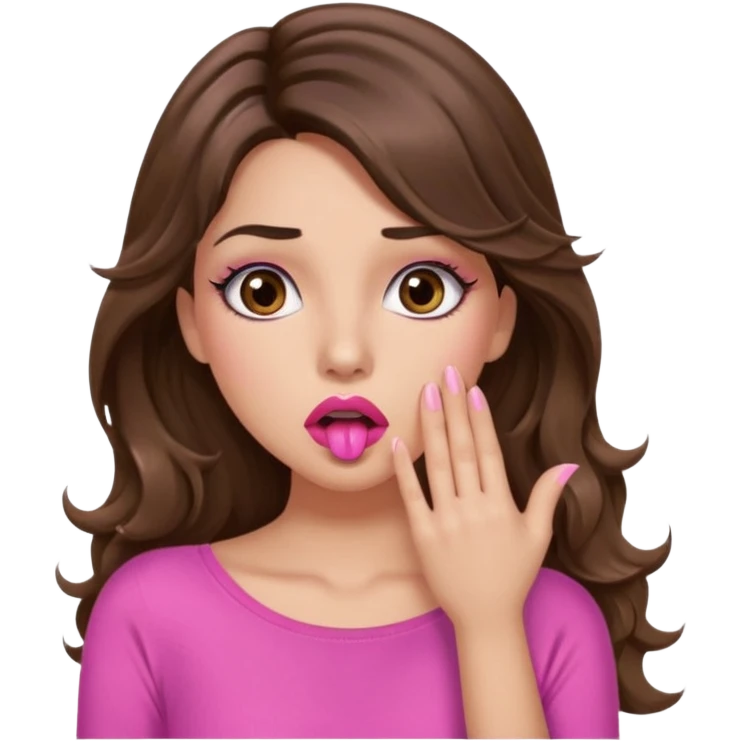 girl with long wavy brown hair, brown eyes, long lashes makeup, sexy pink lips, light to medium complexion, pink sexy top, shocked, hand covering mouth emoji