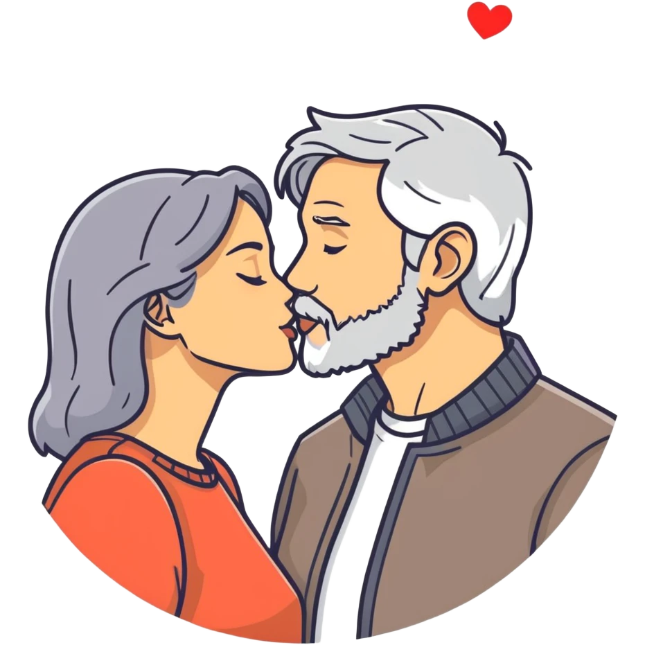 Grey haired bearded man and pretty brunette woman kissing  emoji