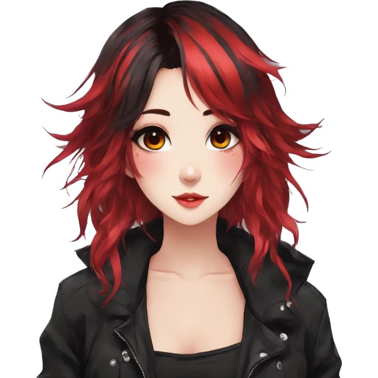 Gorgeous anime style lady with blushing face aesthetic and pretty edgy black red punk hair with hair garment trending style emoji