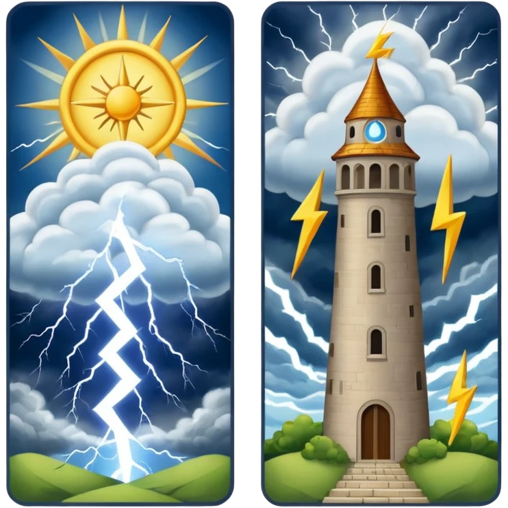 The tower tarot card lighting clouds and sun theres 2 sides one side sun in a card emoji