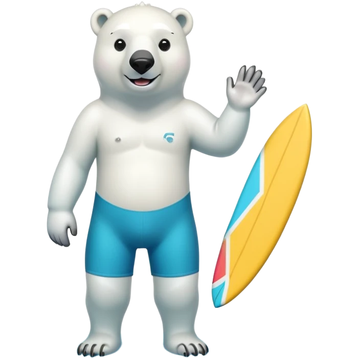 friendly anthropomorphised polar bear standing upright, smiling, wearing colorful surf board shorts and full scuba mask with snorkel emoji