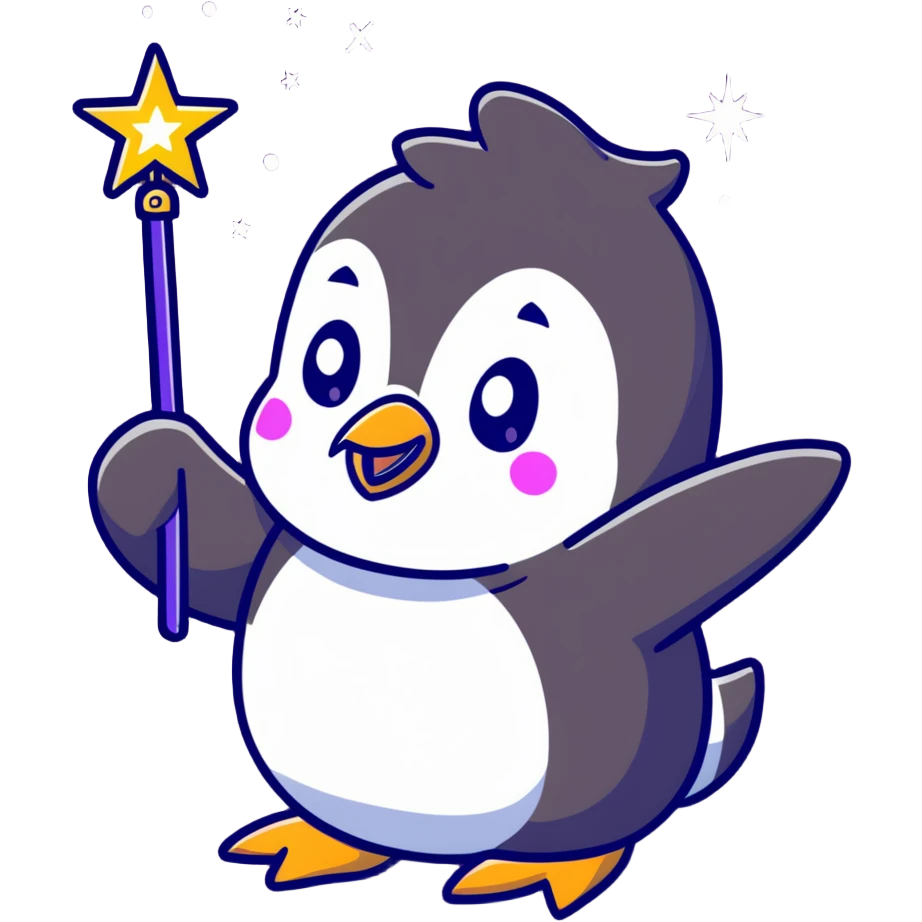 cute penguin casting a magic spell with a starry wand emoji