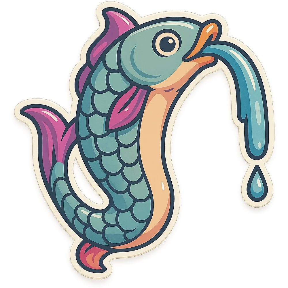 Вытянутая рыбка-фонтан в стиле retro-stickers, без декора, с детализированной рисовкой, тенями и бликами, тонкие чистые контуры, мягкие округлые формы, пастельная палитра #98B5BC, #B5B3C1, #C9A3C9, #E4C0CA, #F7DCD1, #F7C0AA, современное японское поп-арт, мягкое освещение, прозрачный фон. Кадр 2: струя воды длиннее, чем в первом кадре. emoji