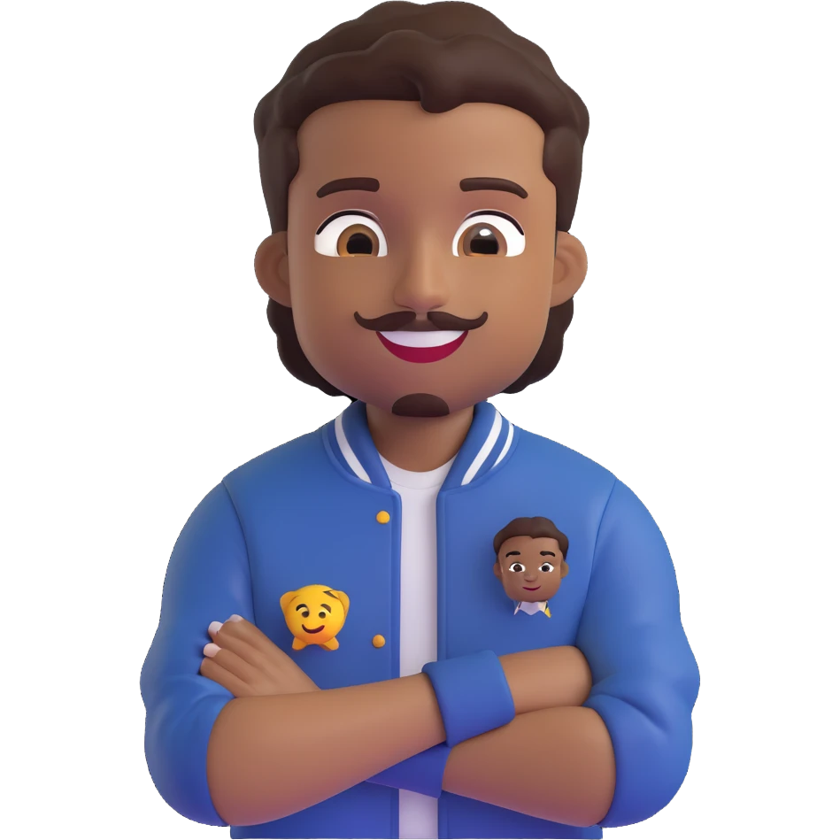 Create a male African American emoji with the hairstyle and features from the first reference photo, wearing a letterman jacket with an M on it, arms crossed and smiling, with a pencil mustache, in the same 3D cartoon style as the second reference image, no background. emoji