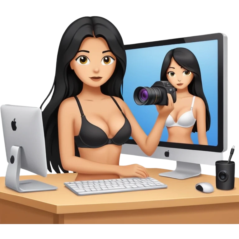 in front of the computer, camera filming, black long hair tanned woman, bra  emoji