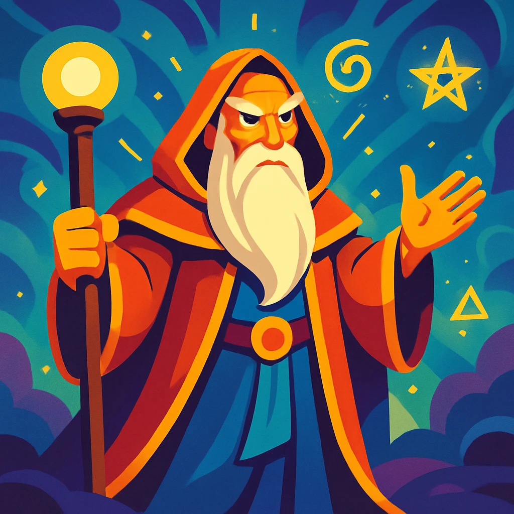 legendary mentor, powerful and wise, with inspiring aura, in a mystical environment, vibrant illustration style emoji