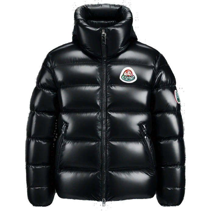 Moncler puffer jacket black shiny with logo emoji