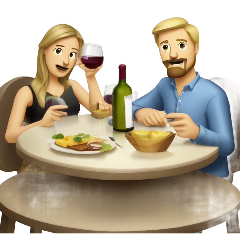 Repas raclette et deux verres de vin blanc en couple, femme blonde cheveux aux-dessus des épaules homme petite barbe et moustache grisonnantes et cheveux bruns grisonnant  emoji