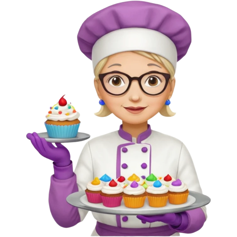 Older female pastry chef – round glasses, oven mitts on, holding a tray of cupcakes

 emoji