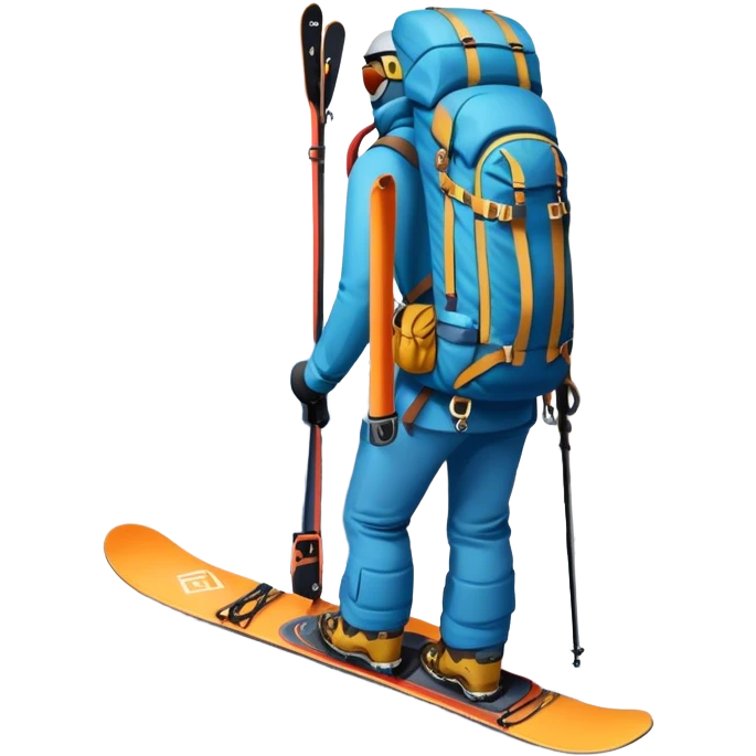 Icon for Mountain Tourism: a snowy peak landscape with skis, a snowboard, climbing equipment, a backpack and a camera. The icon should represent the adventure and excitement of mountain travel and outdoor exploration. Transparent background. emoji