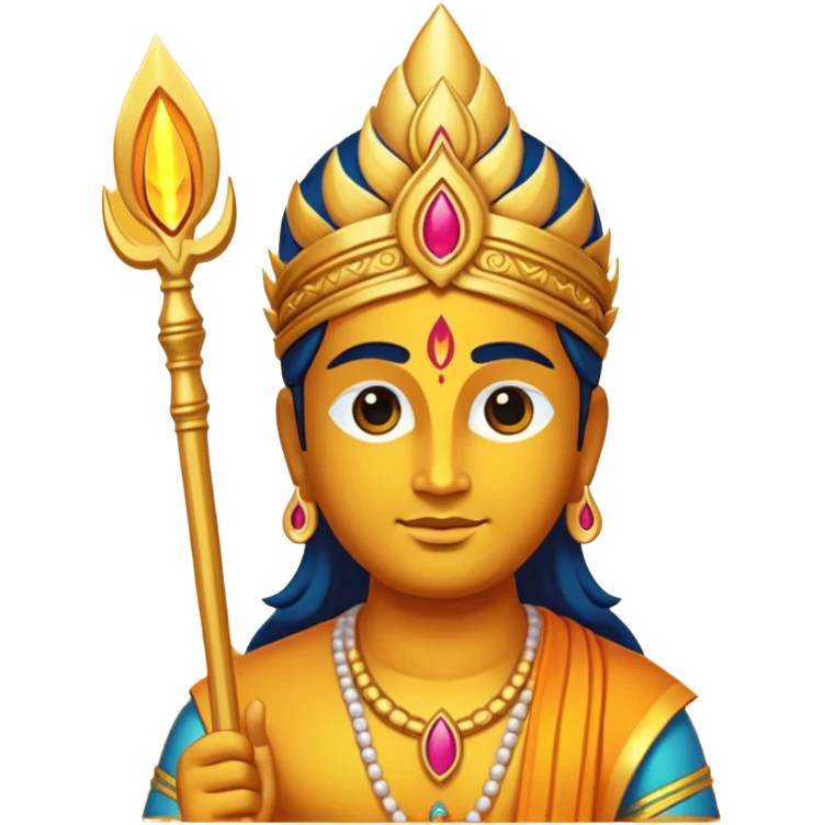 A minimal, divine emoji-style illustration of Lord Murugan, serene face, glowing vel (spear) symbol, bright golden aura, vibrant colors, simple rounded emoji design, high clarity, spiritual and peaceful expression, white background. emoji