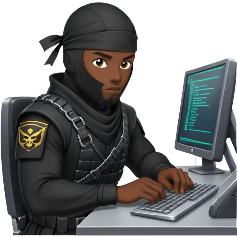 african-american mercenary black ninja hacker terminal command center emoji