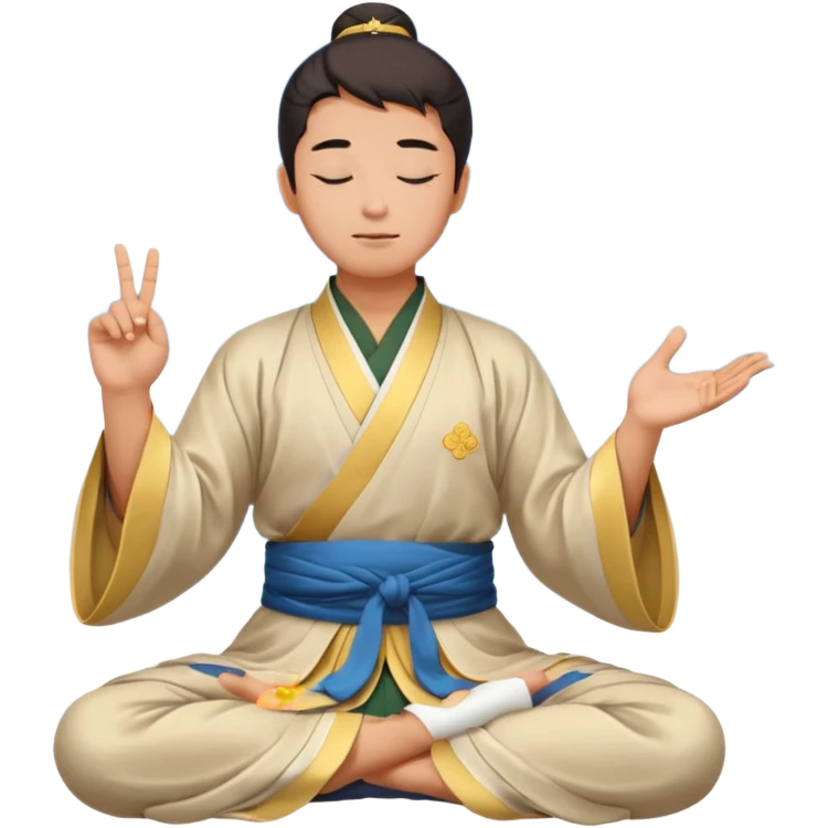 man in hanfu closing sitting in lotus pose, pointing one finger to sky as wisdom gesture emoji