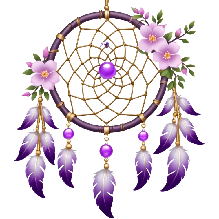 A silvery-white Dreamcatcher. with purple-round-orbs, gold-rings hanging down. purple flowers, pink sakura flowers, emoji