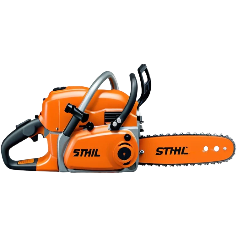 Kettensäge vom STIHL mit grauem Gehäuse, orangenem Deckel und schwarzen Griffen, die Schiene ist Grau, nicht Orange, mit Kette in Grau, seitlich ist das STIHL Logo in weißer Schrift in einem orangenem Kreis platziert emoji