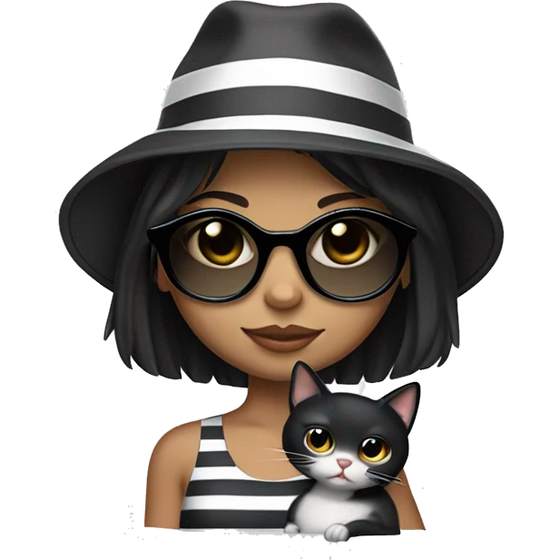 Girl with black hair, white complexion, wearing a black summer hat and round clear glass sunglasses, carrying a striped gray cat. emoji