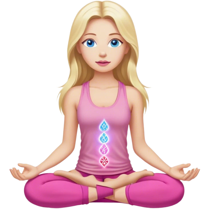 Cinematic realistic blonde with long hair, Cinematic realistic blonde with long hair, blue eyes and pink lips, wearing a pink tank top, meditates, her chakras glow emoji