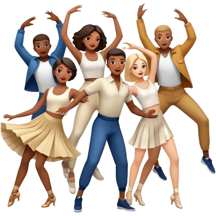 Icon for Contemporary Dance: a synchronized group dance performance with dancers in modern outfits, performing on stage with bright spotlighting and energetic movement. The icon should capture the dynamic and vibrant nature of contemporary dance. Transparent background. emoji