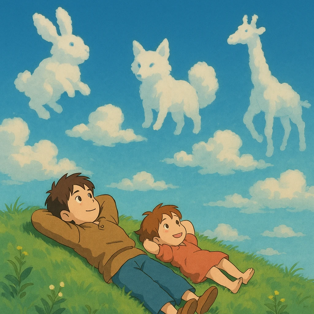 Two siblings lying on a grassy hill, gazing up at drifting cloud animals. emoji
