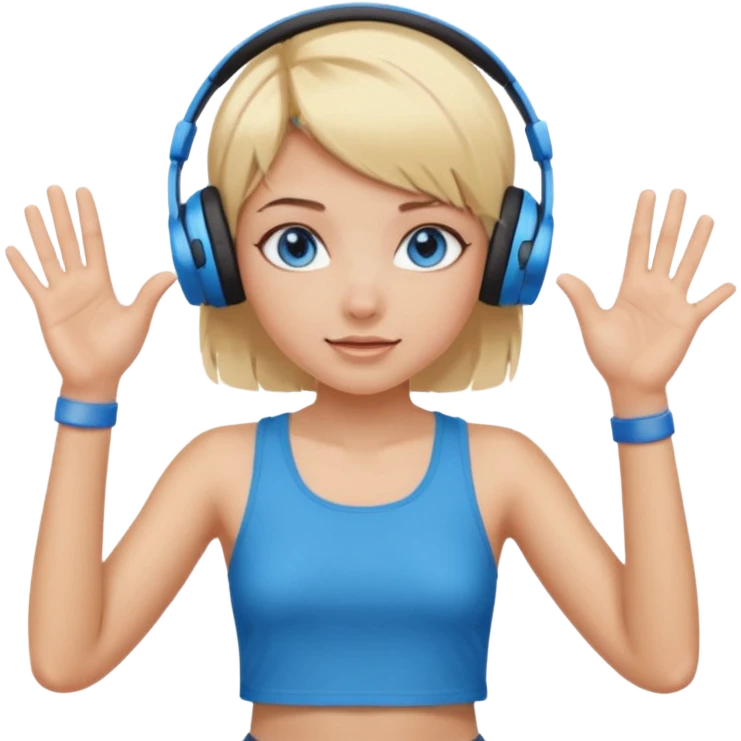 girl with blonde and middle short hair and blue eys with heands telling what, having heaphones on head, and short  emoji