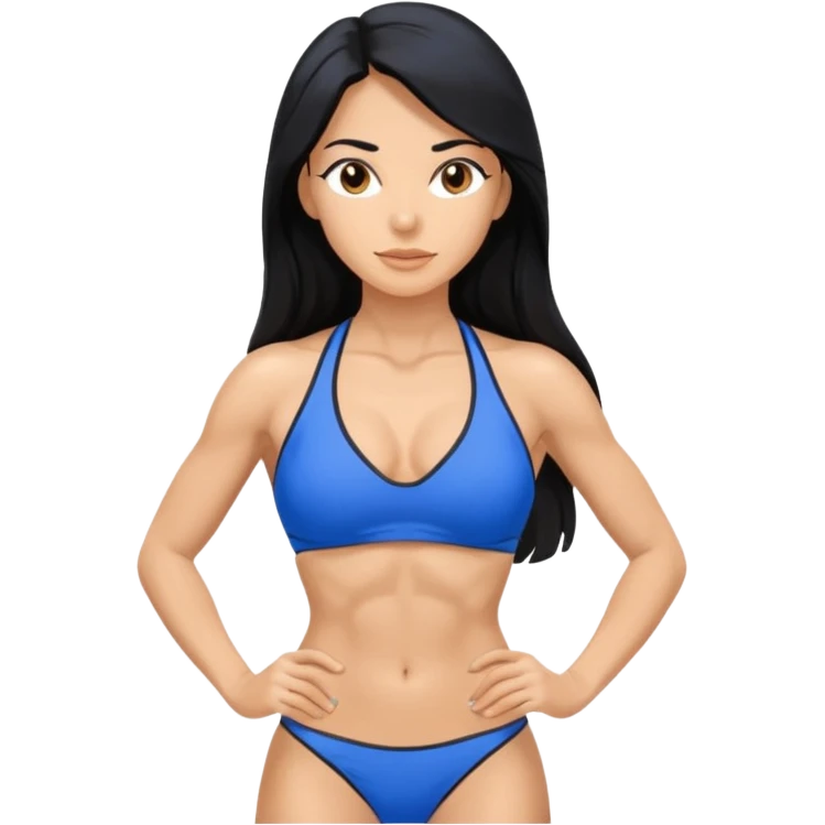 Spanish woman with long black hair, in a blue fitness bikini with abs emoji