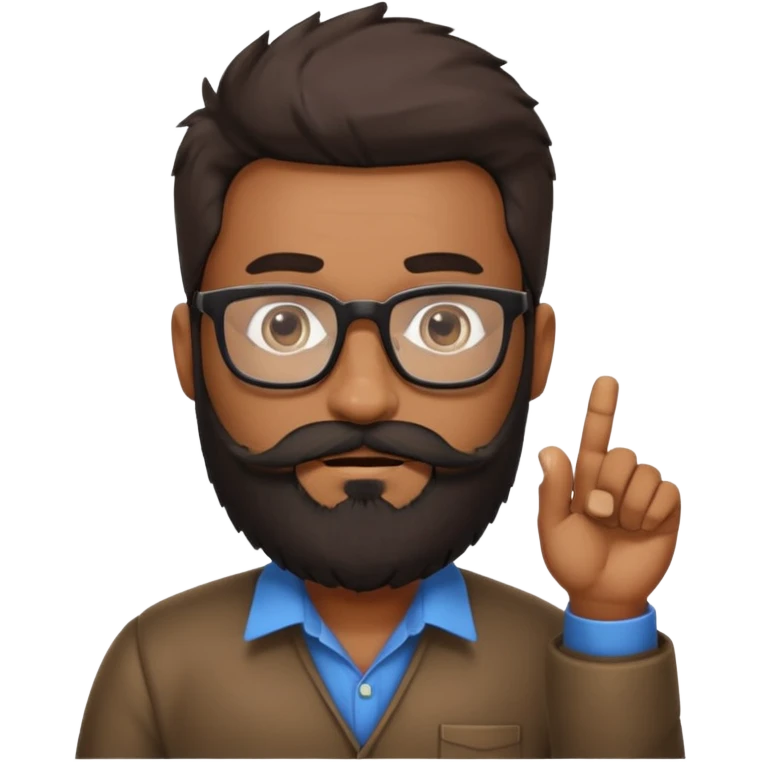 Indian software developer with beards and specs, with few white hairs in mostly black beard and hair. Hair fluffy and back brushed. Mustache pointing down and beard not neatly done emoji