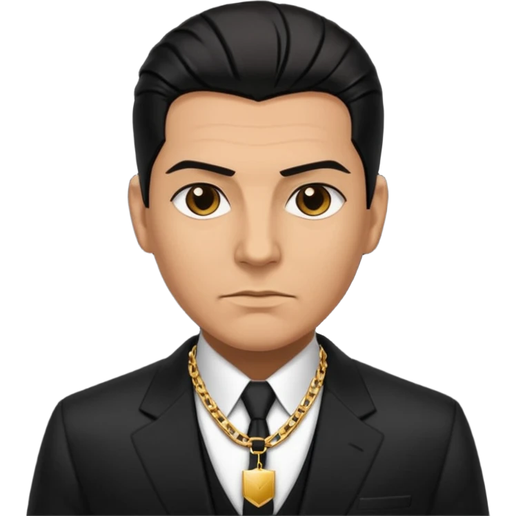 mob boss in black suit, slick hair, gold chain, emoji
