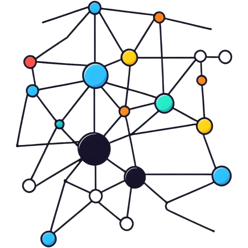 neural network diagram with connected nodes and edges, bright colors, simple design for telegram emoji