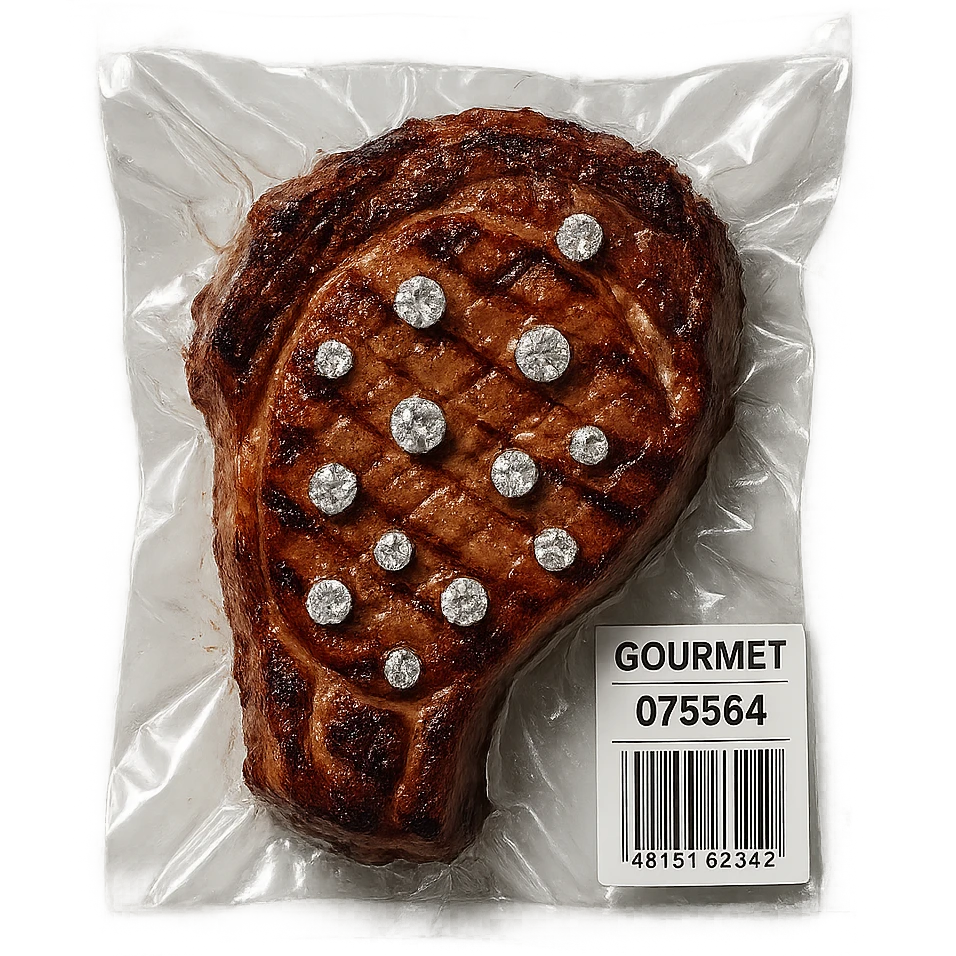 grilled steak with scattered diamonds, glossy, vacuum-sealed style emoji