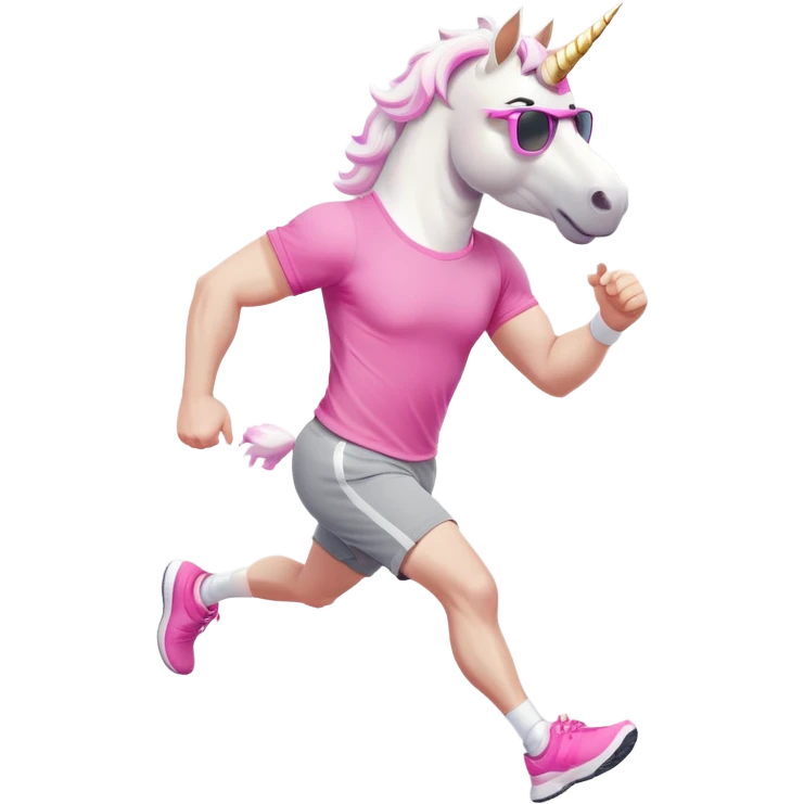 friendly anthropomorphised male white unicorn with a stocky, strong build, white arms and legs, wearing grey shorts and pink t-shirt, dark sunglasses, jogging upright in a standard pose emoji