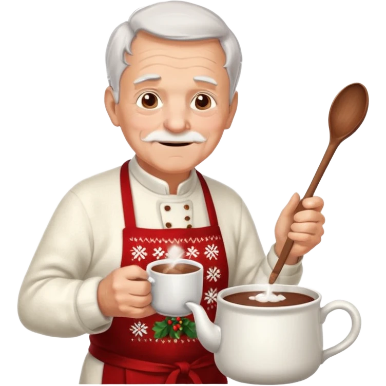 A gentle old man in a festive sweater and a white apron, stirring a pot of rich hot chocolate. emoji
