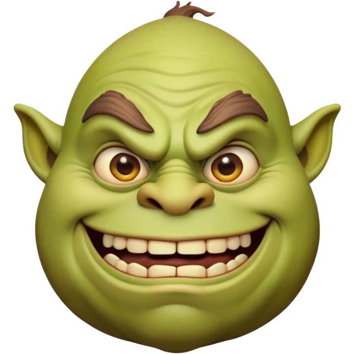Cinematic Comical Ogre Portrait Emoji, with a strikingly exaggerated, bulky figure in vivid earthy greens and browns, head tilted in a dramatically surprised expression with wide, comically bulging eyes and a goofy, oversized grin, simplified yet hilariously exaggerated, highly detailed with a soft, cartoonish glowing outline capturing the playful absurdity of a meme-worthy ogre! emoji
