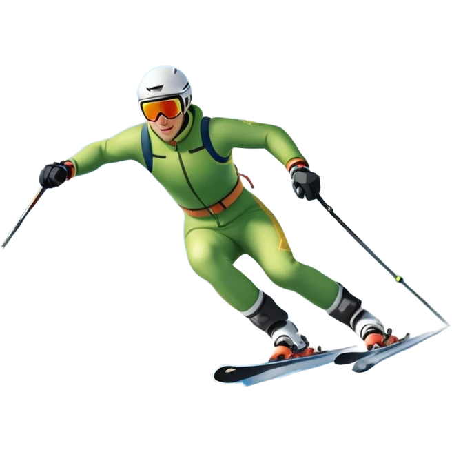 An icon featuring snowy peaks, pine trees, and a picturesque mountain landscape with a skier racing down a snow-covered slope, The sky is blue with soft clouds, capturing the thrill and beauty of alpine skiing. Transparent background highlights the excitement and serenity of winter sports. emoji