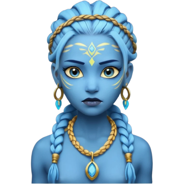 Create an icon of a Na’vi-inspired female character with glowing blue skin, braided hair, tribal forehead markings, large expressive eyes, gold earrings, and a rope necklace with a golden pendant. The expression should be calm and serious, matching the style of the movie Avatar emoji