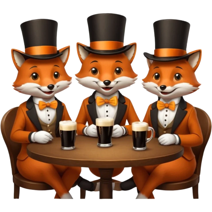 Three foxes sitting at a round table drinking Guinness emoji