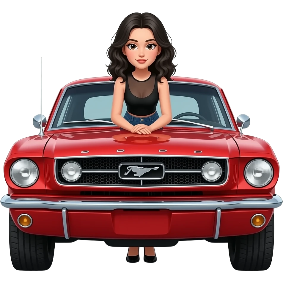 Pale girl with black wavy hair bending on the hood of a red ford mustang 1968 coupe. Girl wearing a sheer black medium neckline sleeveless top, jeans and heels with visible toes. emoji